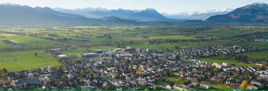 Man sieht eine Luftaufnahme des St.Galler Rheintals. Im Vordergrund ist das Dorf Balgach zu sehen.
